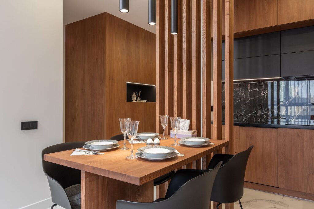 Interior of kitchen with served table